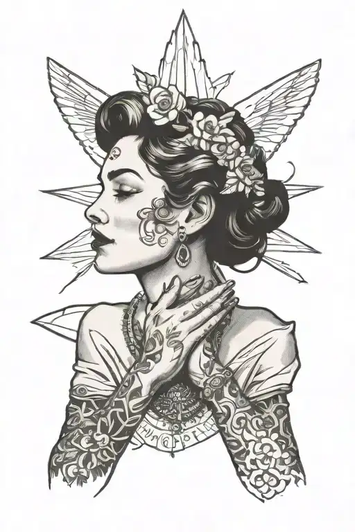 woman face holding hands up praying with nec sine te tattoo design idea
