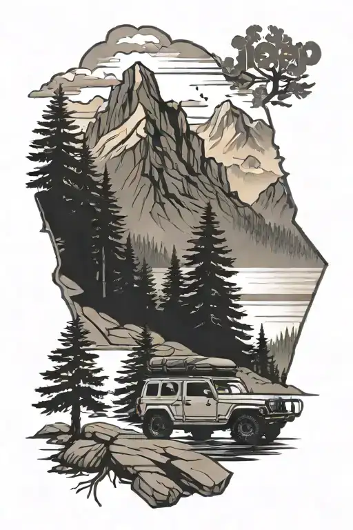 pine trees, mountain, river, raft, jeep, skiing tattoo design idea