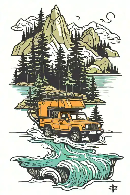 pine trees, mountain, river, raft, jeep, skiing tattoo design idea