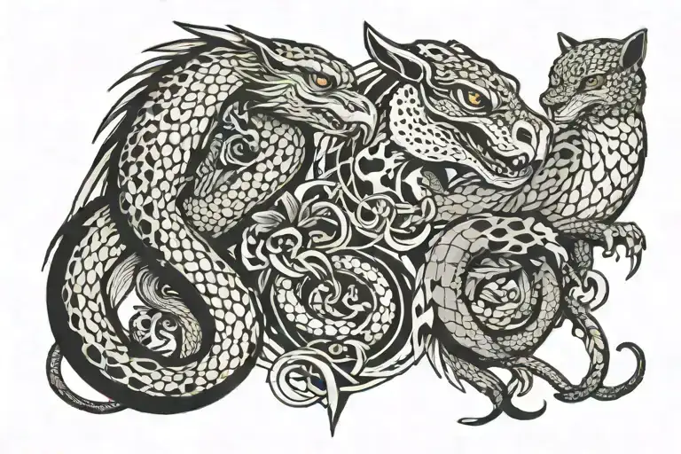 falcon, cheetah, dragon & snake intertwined tattoo design idea