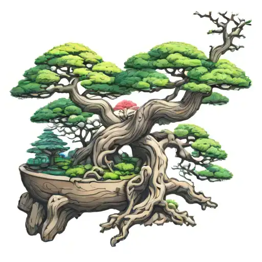 nature around bonsai tree tattoo design idea