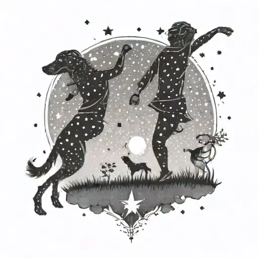 A dotwork tattoo of a lesbian couple dancing under the stars with their dogs by their side tattoo design idea