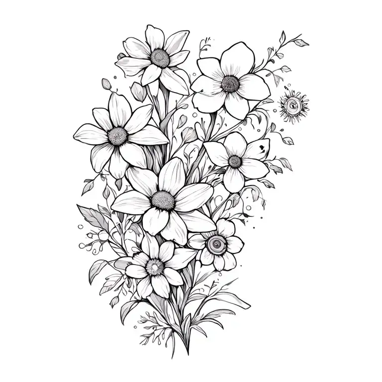 flowing vine of wildflowers, daffodils, coneflowers, black-eyed susans, and dogwoods tattoo design idea