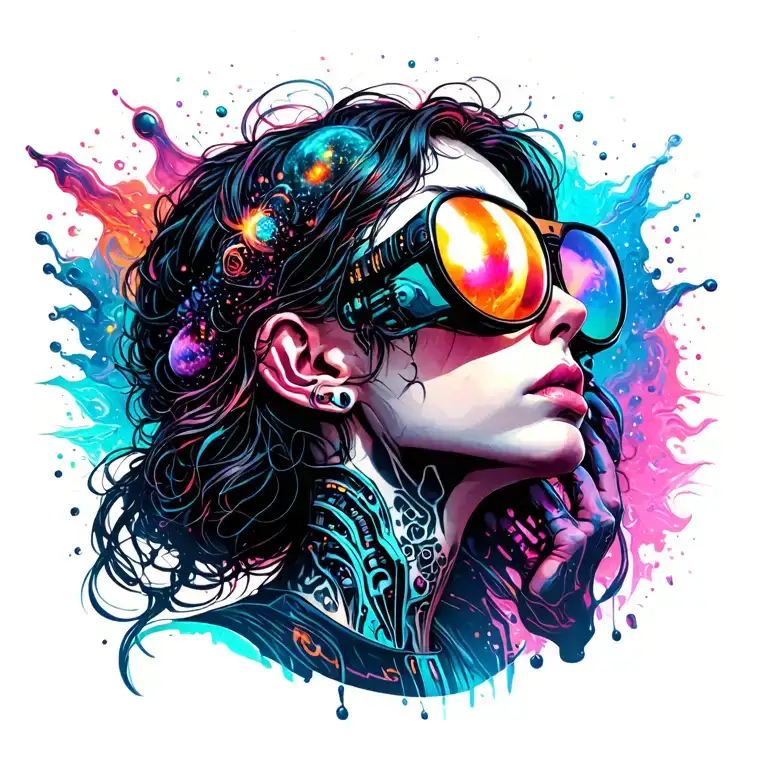 Girl in profile looking up with rave glases her hands on the glases looking up with a universe pouring out of the glases tattoo design idea