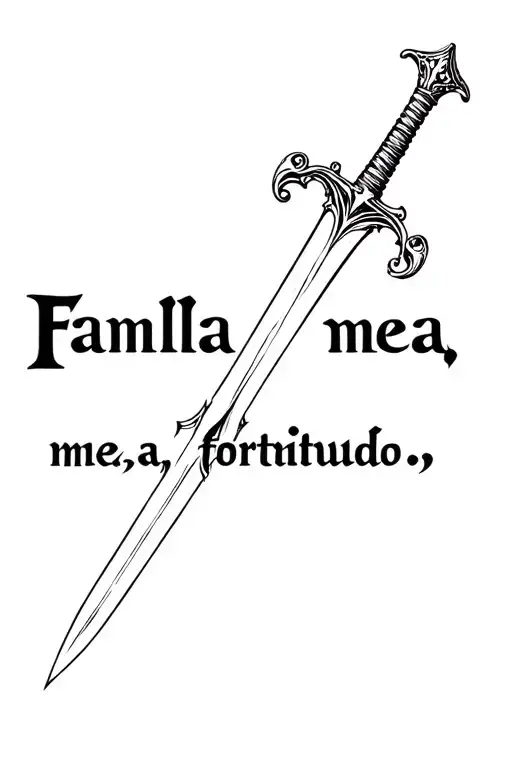 "Familia mea, mea fortitudo" an ornately decorated sword like Excalibur, nothing behind it tattoo design idea