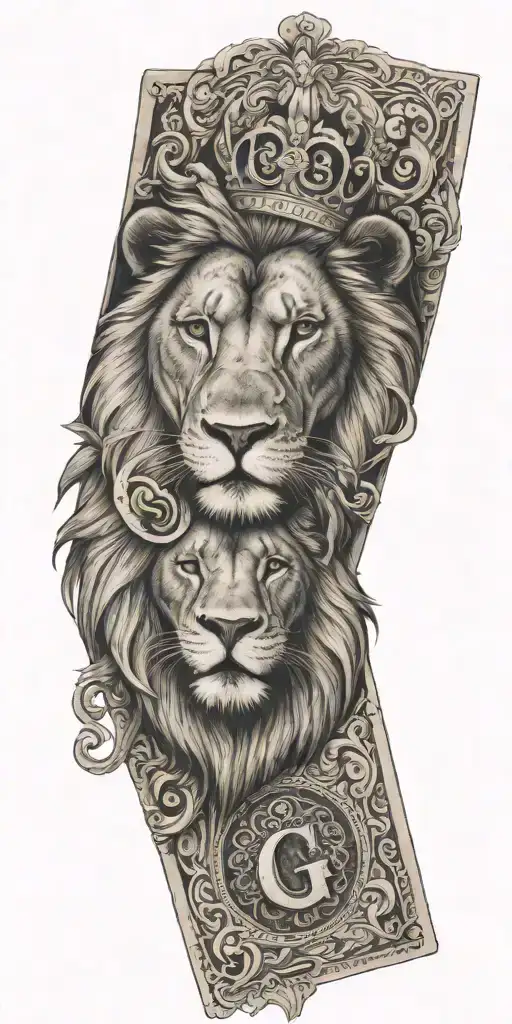 Lion, letter 'G,' playing cards, gambling symbols, 'Jatana,' Punjabi script, forearm piece, realistic shading." tattoo design idea
