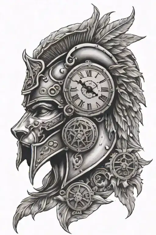 Nordic realistic tattoo Spartan helmet with wolf heads and Roman clock tattoo design idea