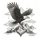 A majestic eagle soaring over a scenic mountain range filled with hidden gaming elements tattoo design idea