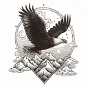 A majestic eagle soaring over a scenic mountain range filled with hidden gaming elements tattoo design idea
