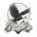 A majestic eagle soaring over a scenic mountain range filled with hidden gaming elements tattoo design idea