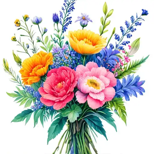 birth flowers in a bouquet, January, February, March, May, August, December birth flowers tattoo design idea