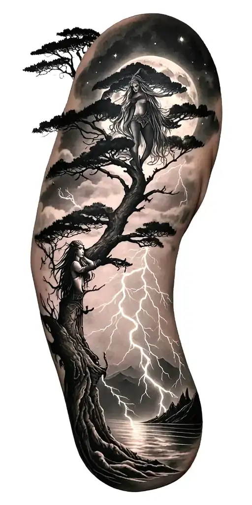 viking rume and moon and freya goddes body growing in tree and lightning bolt tattoo design idea