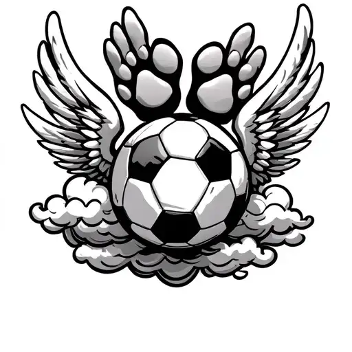 babies foot frint, dogs paw, a soccer ball, clouds. wings.  tattoo design idea