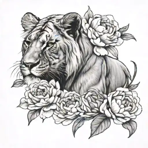 lioness 4 lion cubs peony flower tattoo design idea