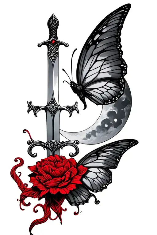 sword ,cresent moon, red thread, butterfly  tattoo design idea