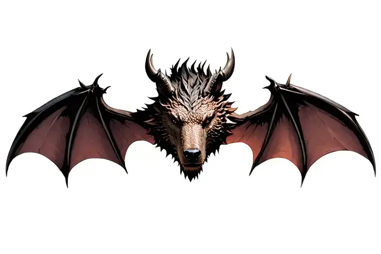 Chimera with the head of the bear, the body of the dragon's Syda, the wings of the bat, the tail of the dragon, on the head of the horns like deer, amulet Perun body tattoo design idea