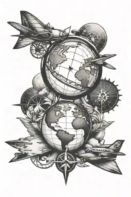 globe with plane and compass tattoo design idea