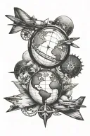 globe with plane and compass tattoo design idea