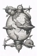 globe with plane and compass tattoo design idea