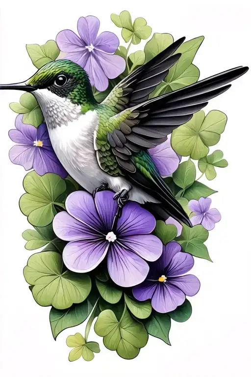 hummingbird with violets and four leaf clover tattoo design idea