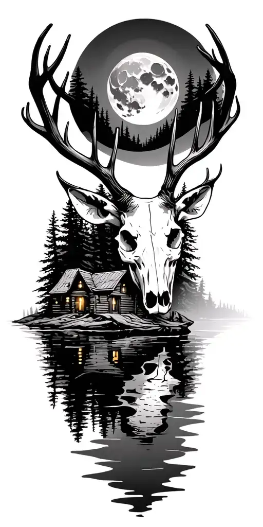 deer skull with moon over a cabin on a lake surrounded by dense forest tattoo design idea