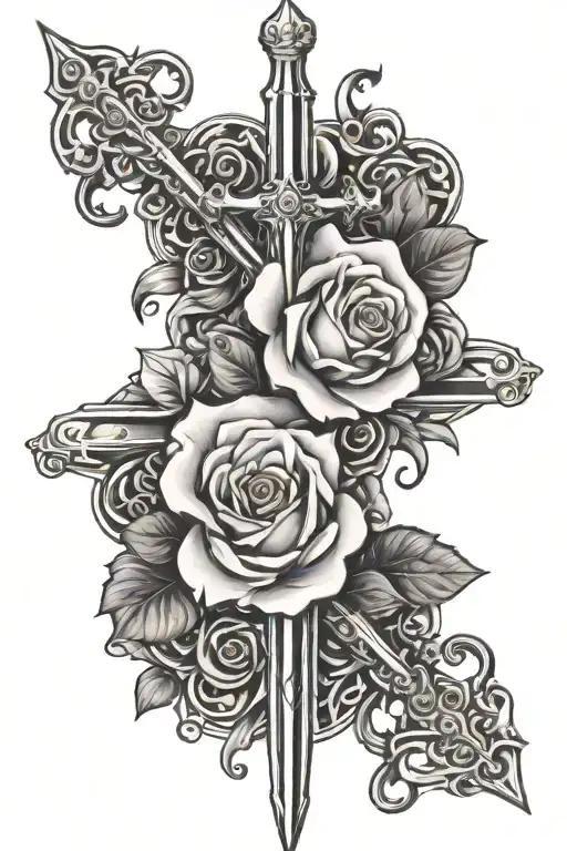 a complex vampiric tattoo mix of Gothic script, Rose imagery and Crossed daggers or swords for back tattoo design idea
