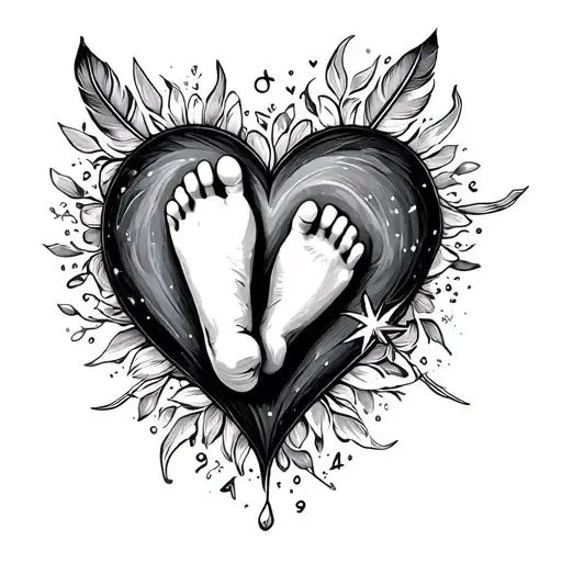 Baby and heart foot and feather infinite sign star date tattoo design idea
