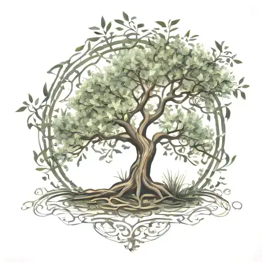 A serene forest scene with a hidden therapy symbol intertwined with the branches of an olive tree tattoo design idea