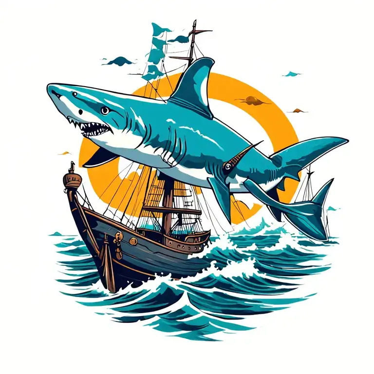 Ocean ships sharks tattoo design idea