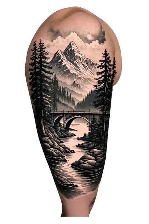 landscape tattoo for calf with mountains, trees, a river and a bridge tattoo design idea