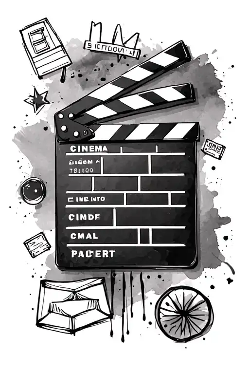 A  clapperboard in sketch stylie surrounded by  cinema icons  and a watercolor background tattoo design idea