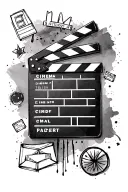 A  clapperboard in sketch stylie surrounded by  cinema icons  and a watercolor background tattoo design idea