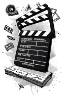 A  clapperboard in sketch stylie surrounded by  cinema icons  and a watercolor background tattoo design idea