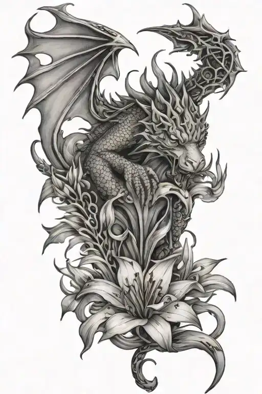 dragon wrapped around the stem of a tiger lily flower with its head resting on the flower  tattoo design idea