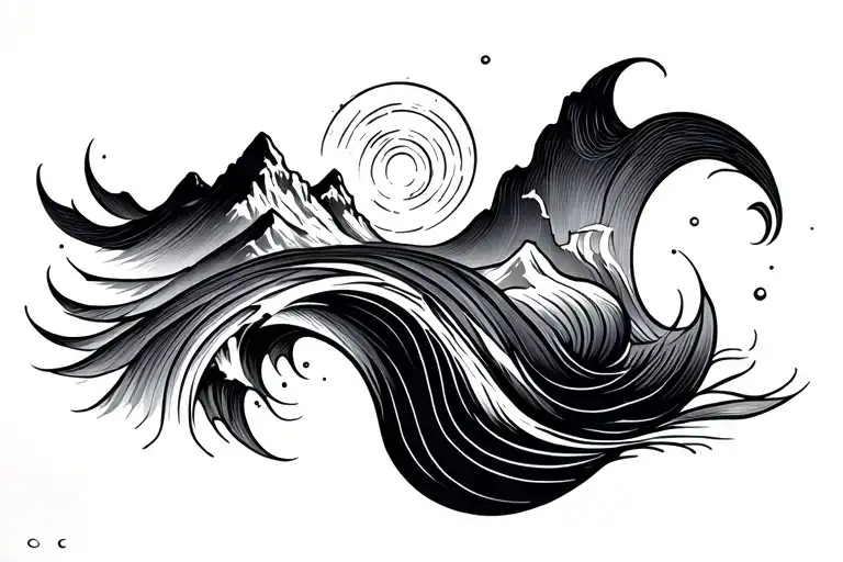 fine line waves mountain music tattoo design idea