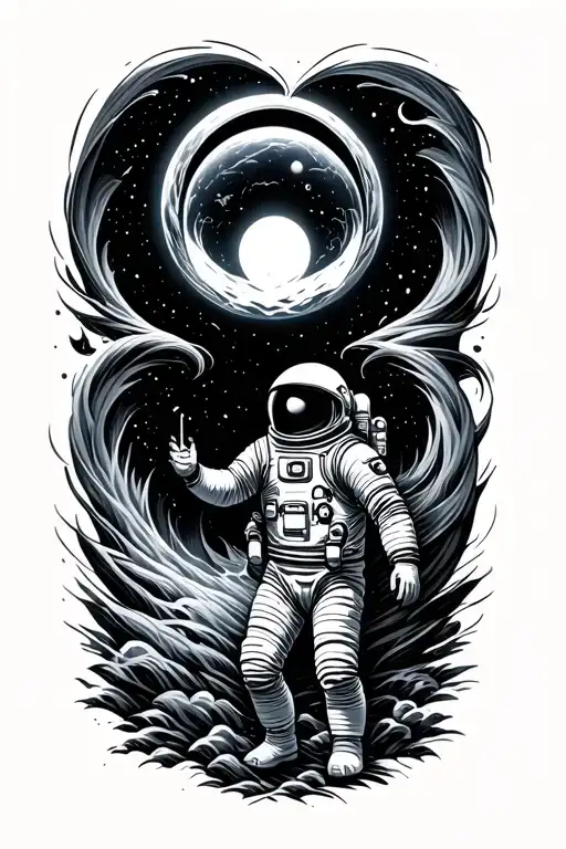 astronaut soul leaving the body in to the black hole tattoo design idea