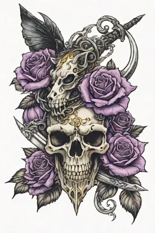 Tattoo with purple roses, one cat skull and one cat head, with three swords tattoo design idea