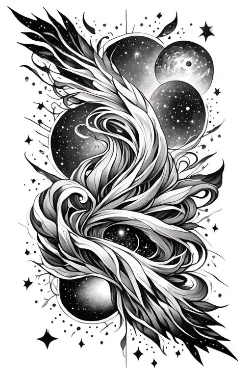 "An elongated, black and white forearm tattoo design with a cosmic and galaxy theme. The design features flowing celesti tattoo design idea
