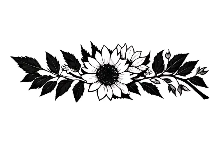 cherry blossom flower and a branch that glows into a sunflower with few leaves. simple cute  tattoo design idea