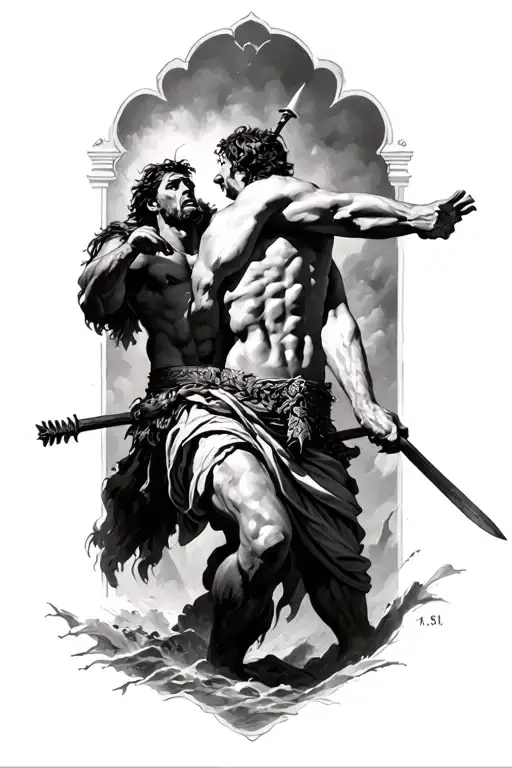 David and Goliath in battle tattoo design idea