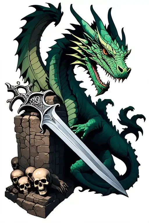 a dragon pulling excalibur out of a stone with 6 skulls at the base of the stone tattoo design idea