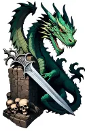 a dragon pulling excalibur out of a stone with 6 skulls at the base of the stone tattoo design idea