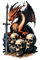a dragon pulling excalibur out of a stone with 6 skulls at the base of the stone tattoo design idea