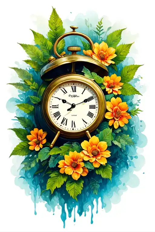 ticking time clock mixed with nature  tattoo design idea