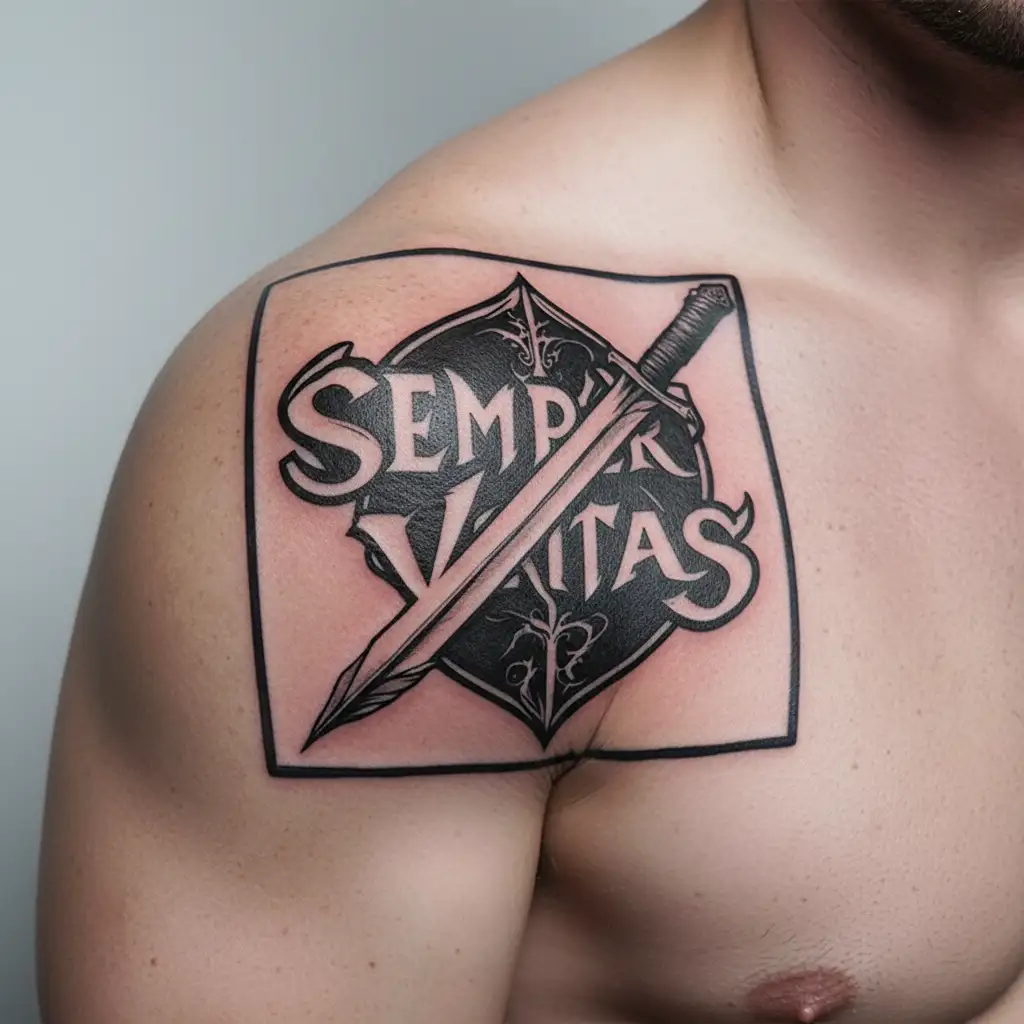 "SEMPER VERITAS" quill pen transforming into sword tattoo design idea