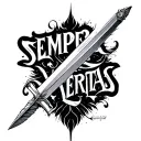 "SEMPER VERITAS" quill pen transforming into sword tattoo design idea