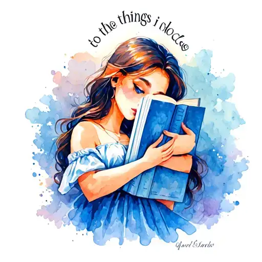 "to the things i hold close" girl hugging a closed book tattoo design idea