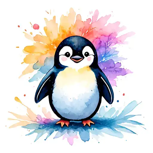baby penguin rainbow watercolor tattoo design idea