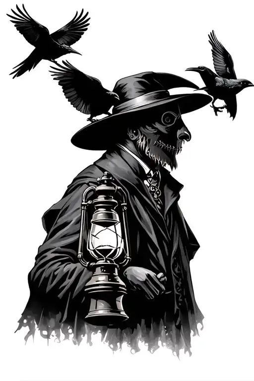 only the face of the plague doctor in profile, steampunk version, carrying a lantern with two crows tattoo design idea