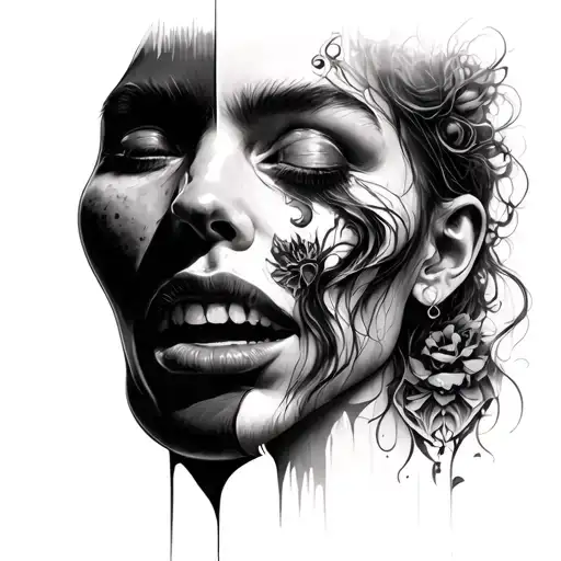 split face realism surrealism trouble whimsical realistic tattoo design idea